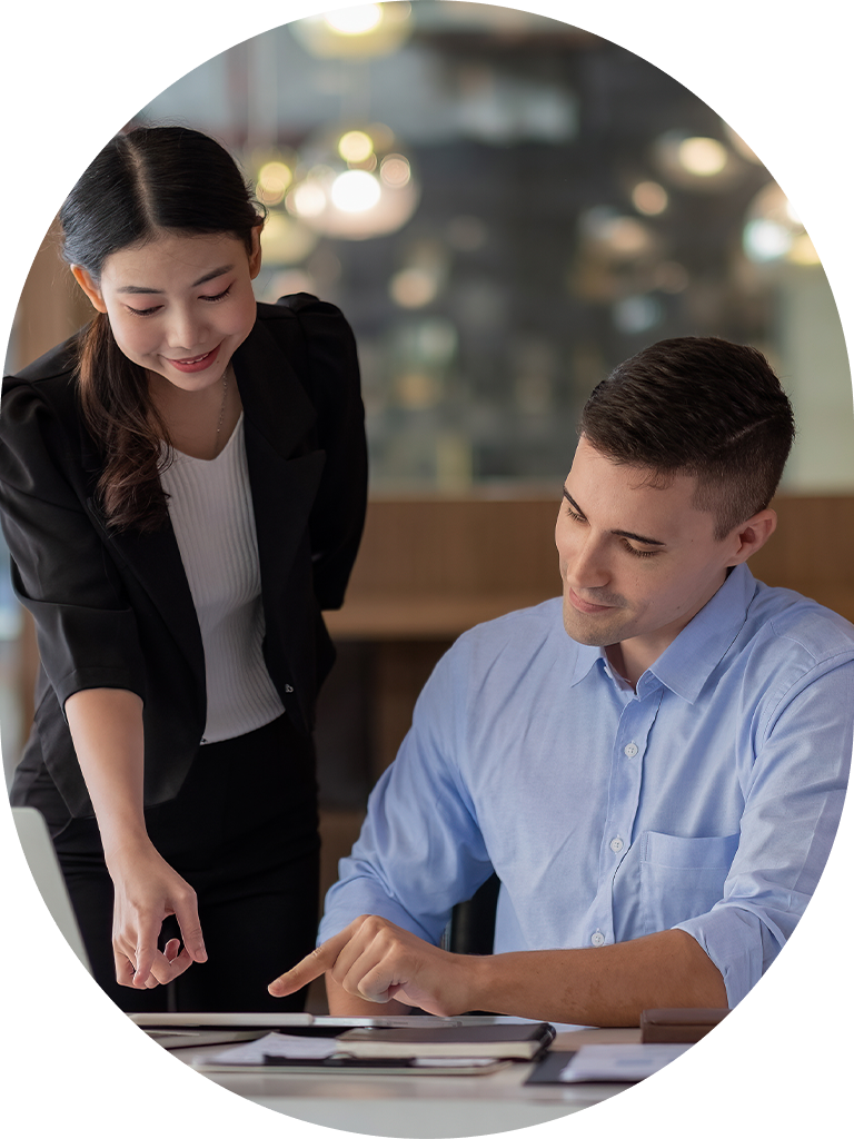 woman and man discussing work